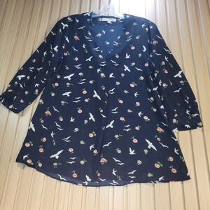 Lex & Madison Navy Blue Bird Floral Print V-Neck Blouse Top Small RN 132897
